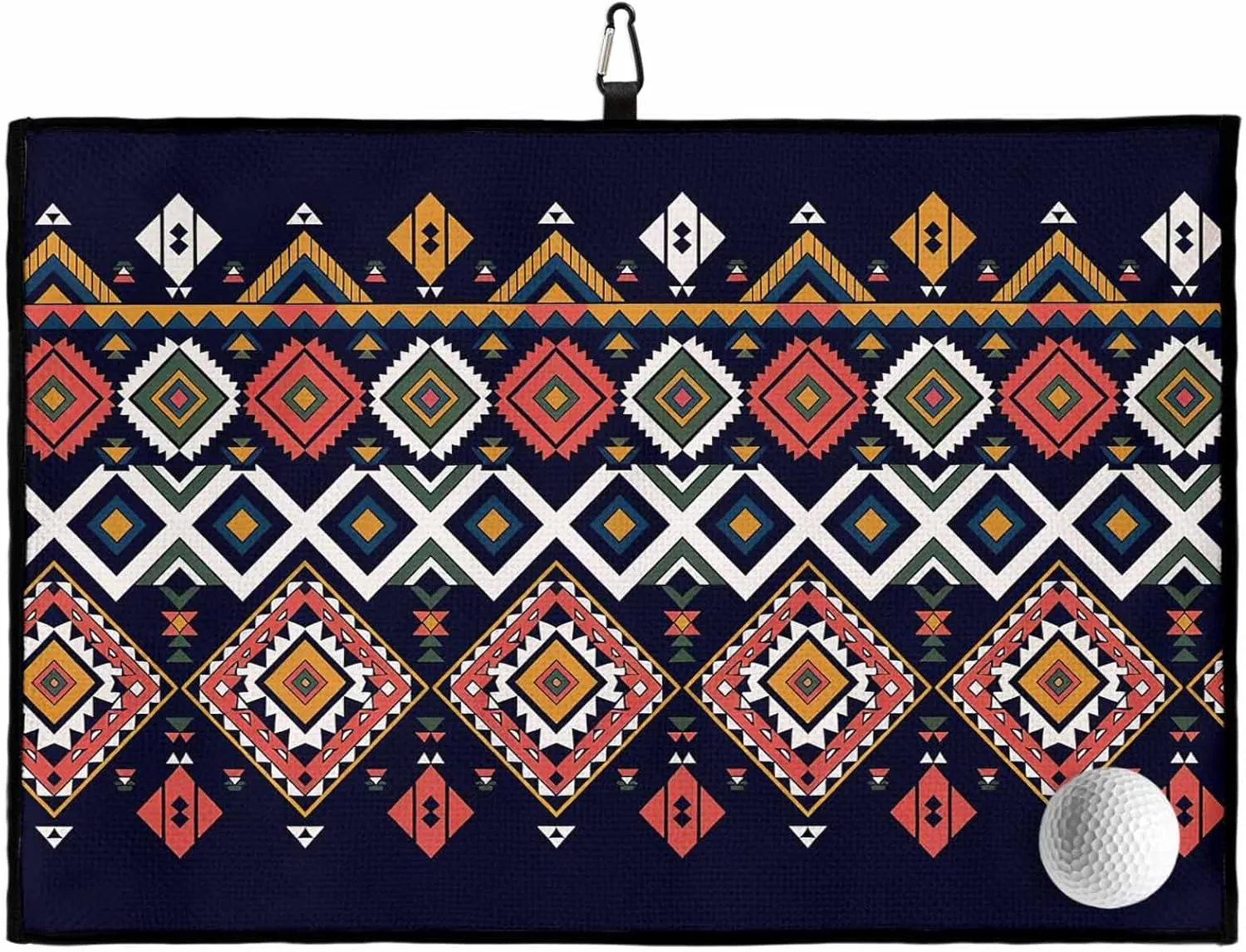 Vintage Aztec Tribal Pattern Golf Towels 24x16in, Absorbent Microfiber Waffle Pattern Golf Towel with Carabiner Clip Abstract Geometric on Black Cleaning Cloth for Ball Club