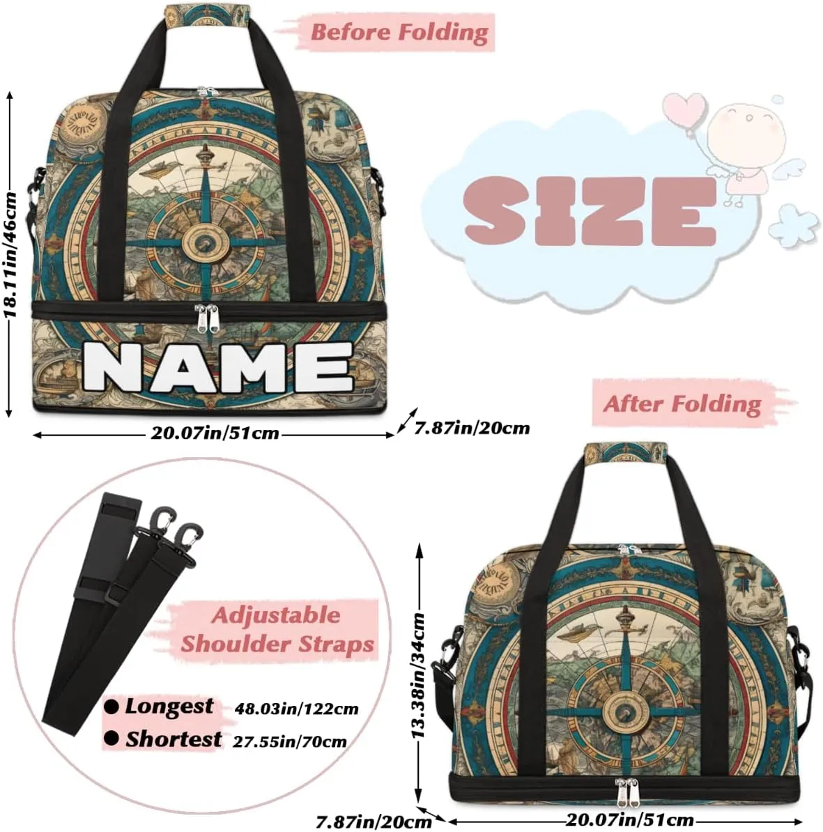 Vintage Compass Custom Foldable Duffle Bag with Shoes Compartment Personalized Large Capacity Waterproof Travel Weekender Bag Overnight Bag for Sports Gym