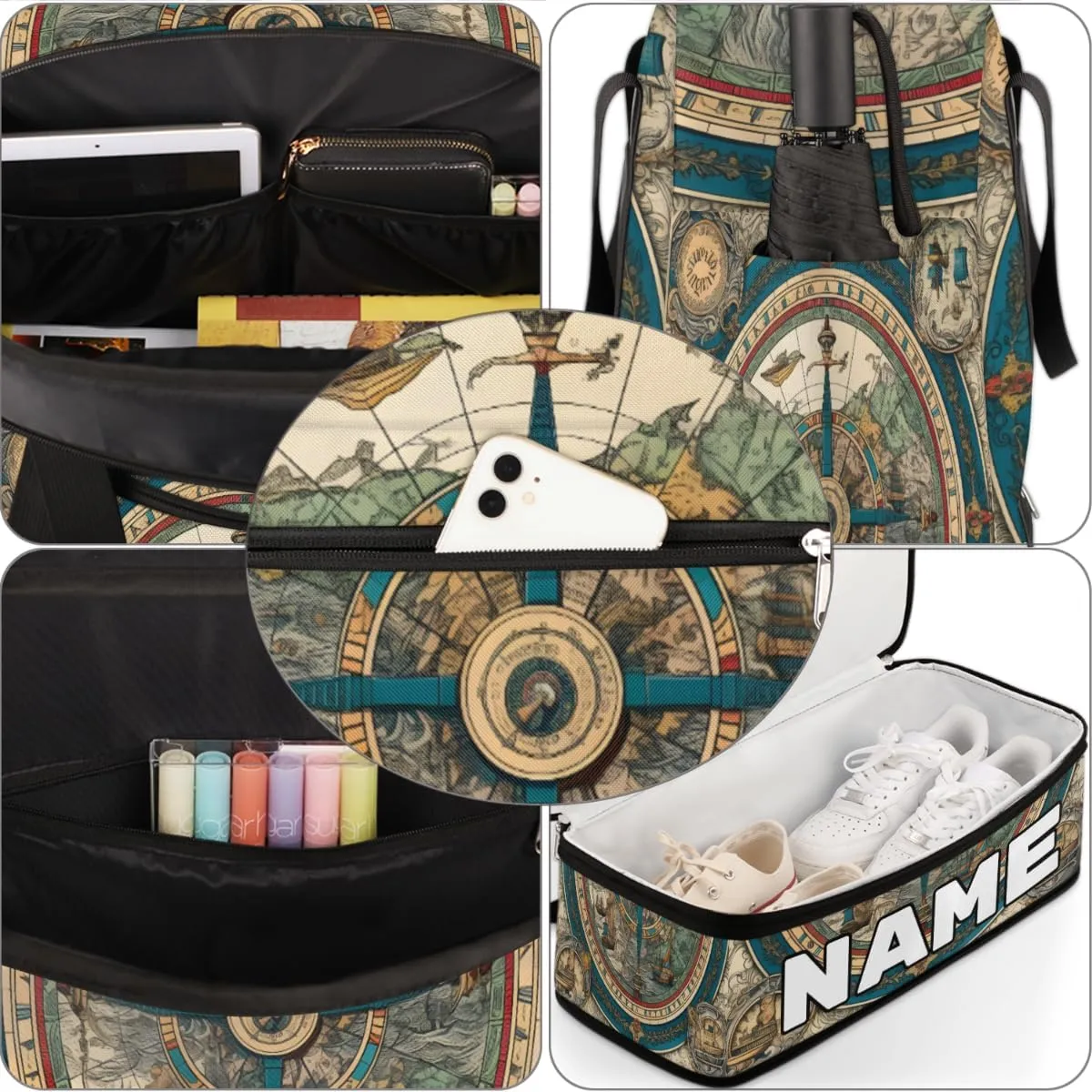 Vintage Compass Custom Foldable Duffle Bag with Shoes Compartment Personalized Large Capacity Waterproof Travel Weekender Bag Overnight Bag for Sports Gym