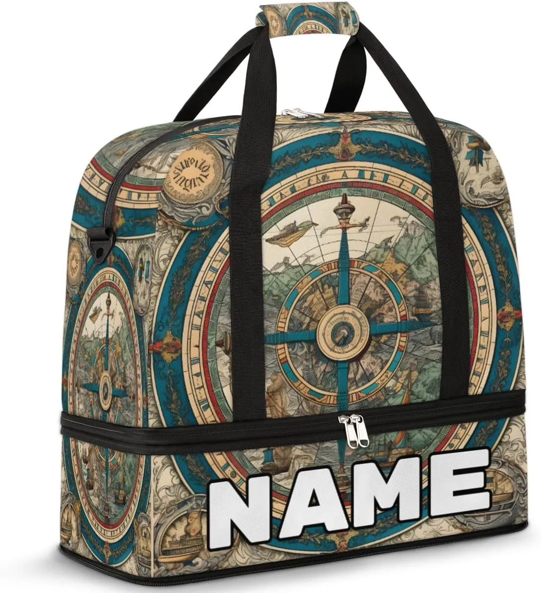 Vintage Compass Custom Foldable Duffle Bag with Shoes Compartment Personalized Large Capacity Waterproof Travel Weekender Bag Overnight Bag for Sports Gym