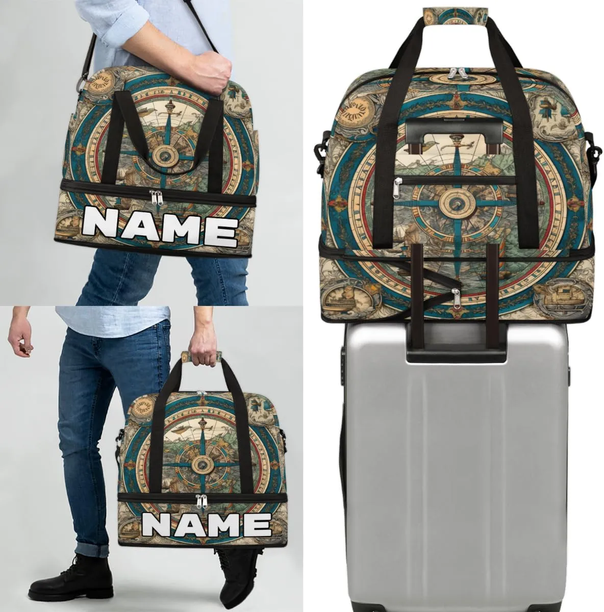 Vintage Compass Custom Foldable Duffle Bag with Shoes Compartment Personalized Large Capacity Waterproof Travel Weekender Bag Overnight Bag for Sports Gym