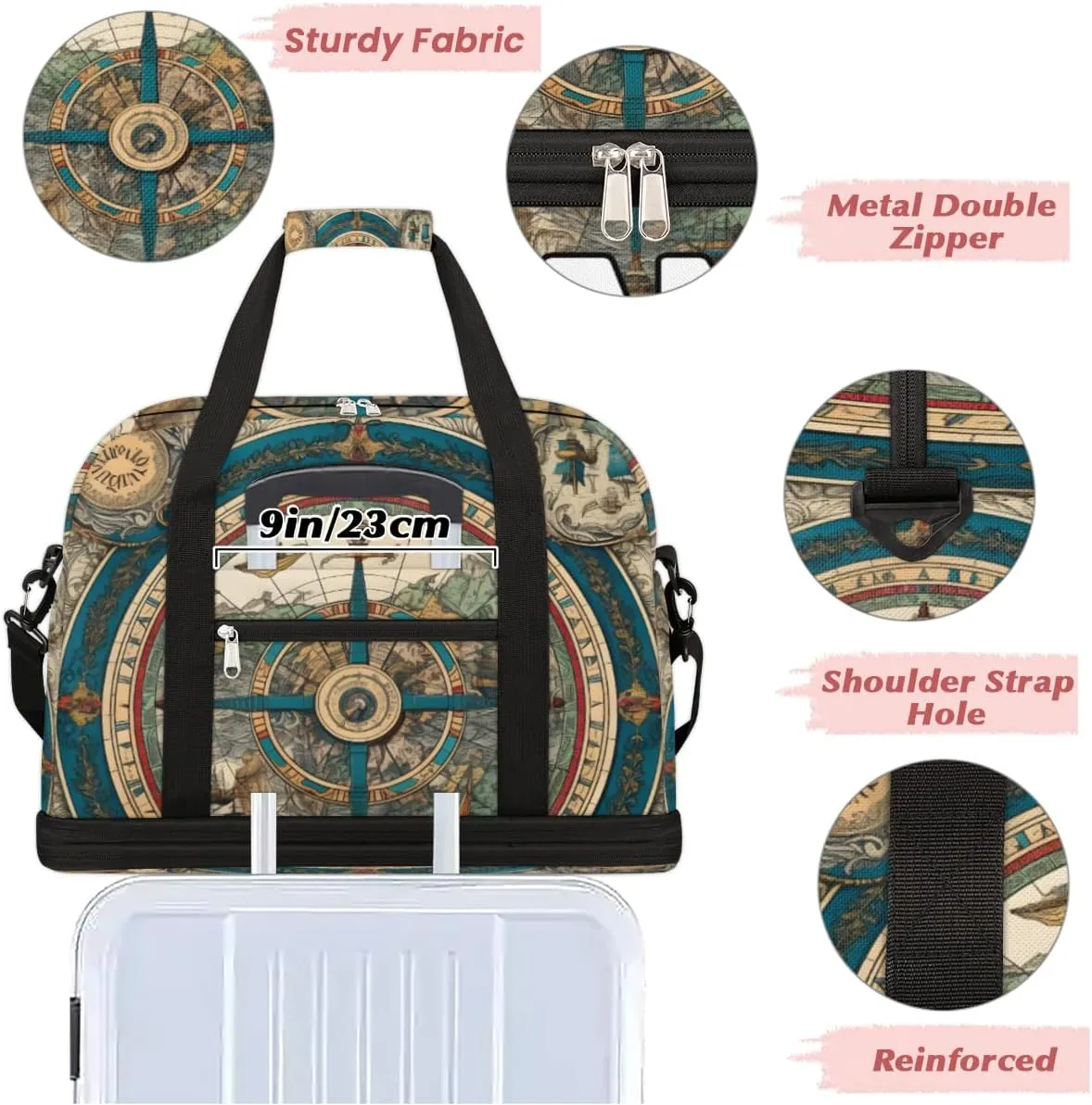 Vintage Compass Custom Foldable Duffle Bag with Shoes Compartment Personalized Large Capacity Waterproof Travel Weekender Bag Overnight Bag for Sports Gym