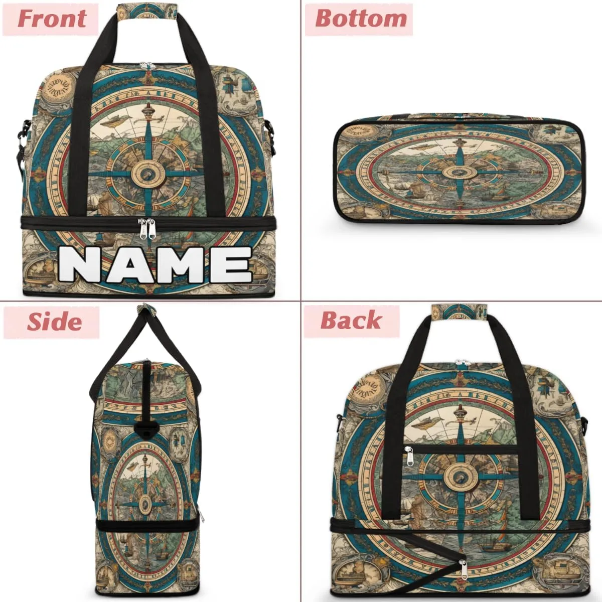 Vintage Compass Custom Foldable Duffle Bag with Shoes Compartment Personalized Large Capacity Waterproof Travel Weekender Bag Overnight Bag for Sports Gym