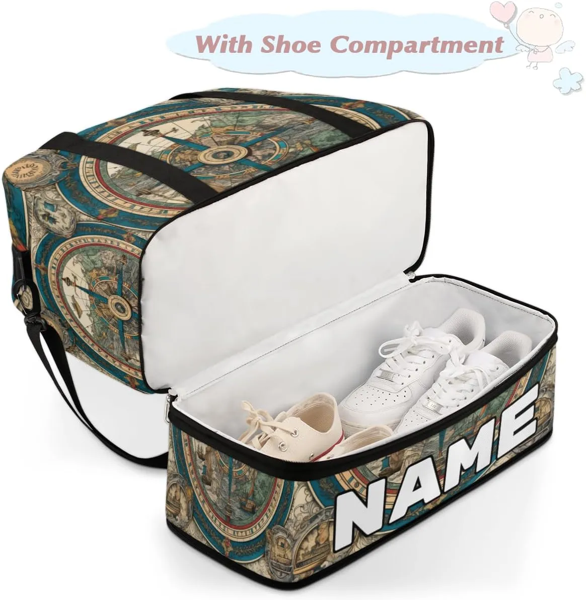 Vintage Compass Custom Foldable Duffle Bag with Shoes Compartment Personalized Large Capacity Waterproof Travel Weekender Bag Overnight Bag for Sports Gym