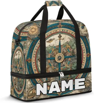 Vintage Compass Custom Foldable Duffle Bag with Shoes Compartment Personalized Large Capacity Waterproof Travel Weekender Bag Overnight Bag for Sports Gym