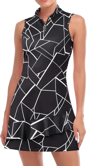 Viracy Tennis Dress for Women Sleeveless Golf Dresses with Shorts and Pockets Ruffle Zip Up Stand Collar Golf Outfits