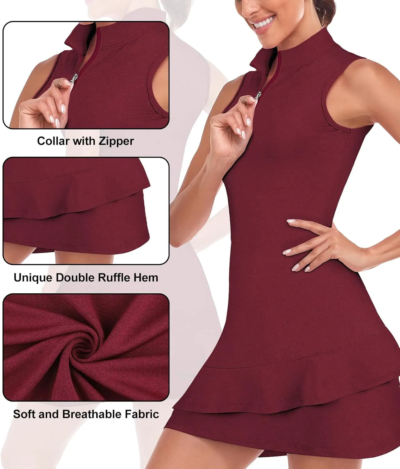 Viracy Tennis Dress for Women Sleeveless Golf Dresses with Shorts and Pockets Ruffle Zip Up Stand Collar Golf Outfits