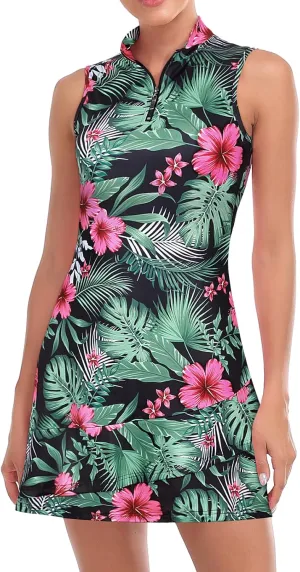 Viracy Tennis Dress for Women Sleeveless Golf Dresses with Shorts and Pockets Ruffle Zip Up Stand Collar Golf Outfits