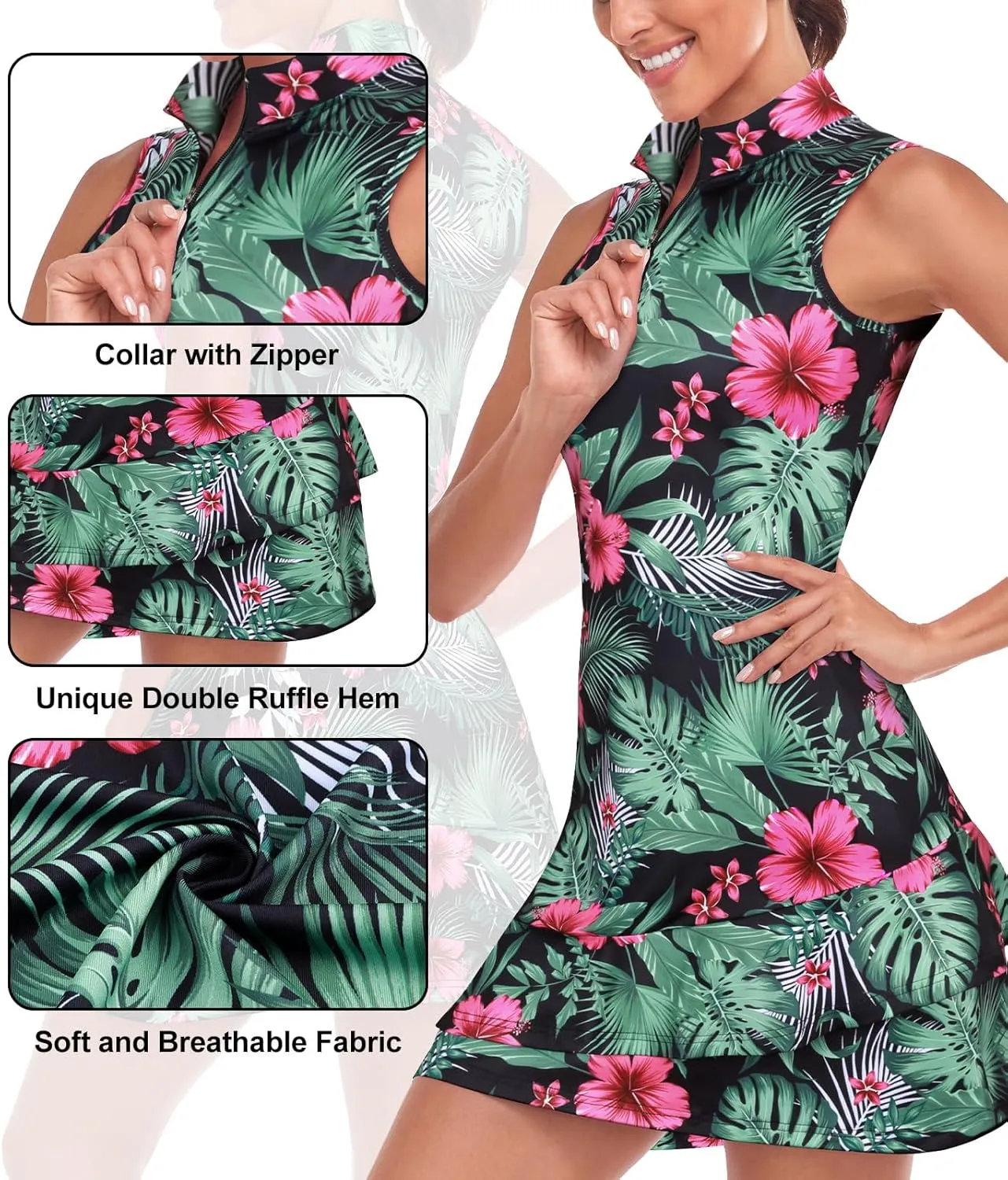 Viracy Tennis Dress for Women Sleeveless Golf Dresses with Shorts and Pockets Ruffle Zip Up Stand Collar Golf Outfits