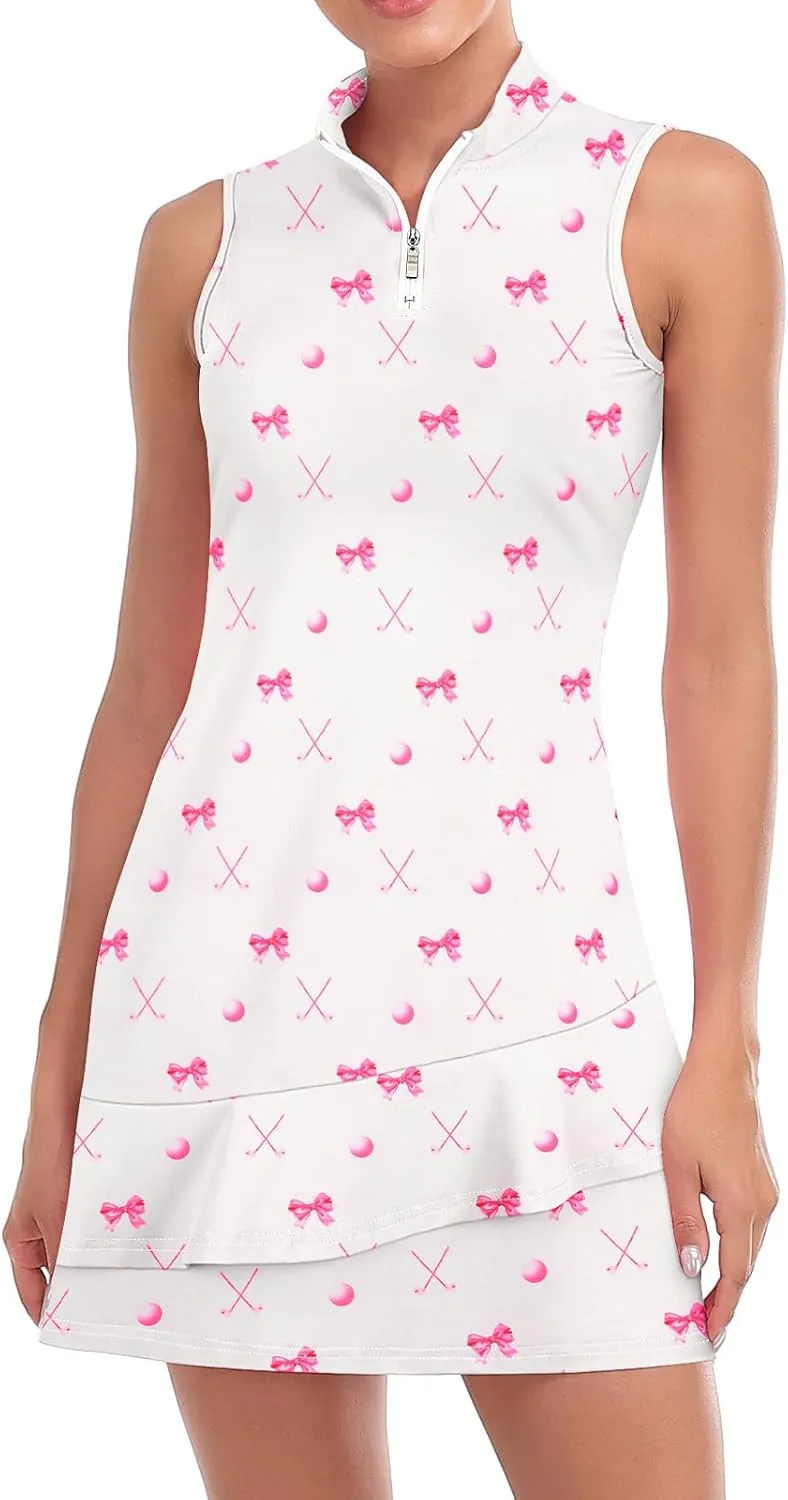 Viracy Tennis Dress for Women Sleeveless Golf Dresses with Shorts and Pockets Ruffle Zip Up Stand Collar Golf Outfits