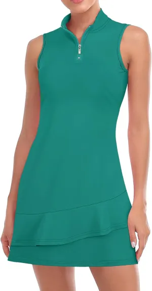 Viracy Tennis Dress for Women Sleeveless Golf Dresses with Shorts and Pockets Ruffle Zip Up Stand Collar Golf Outfits