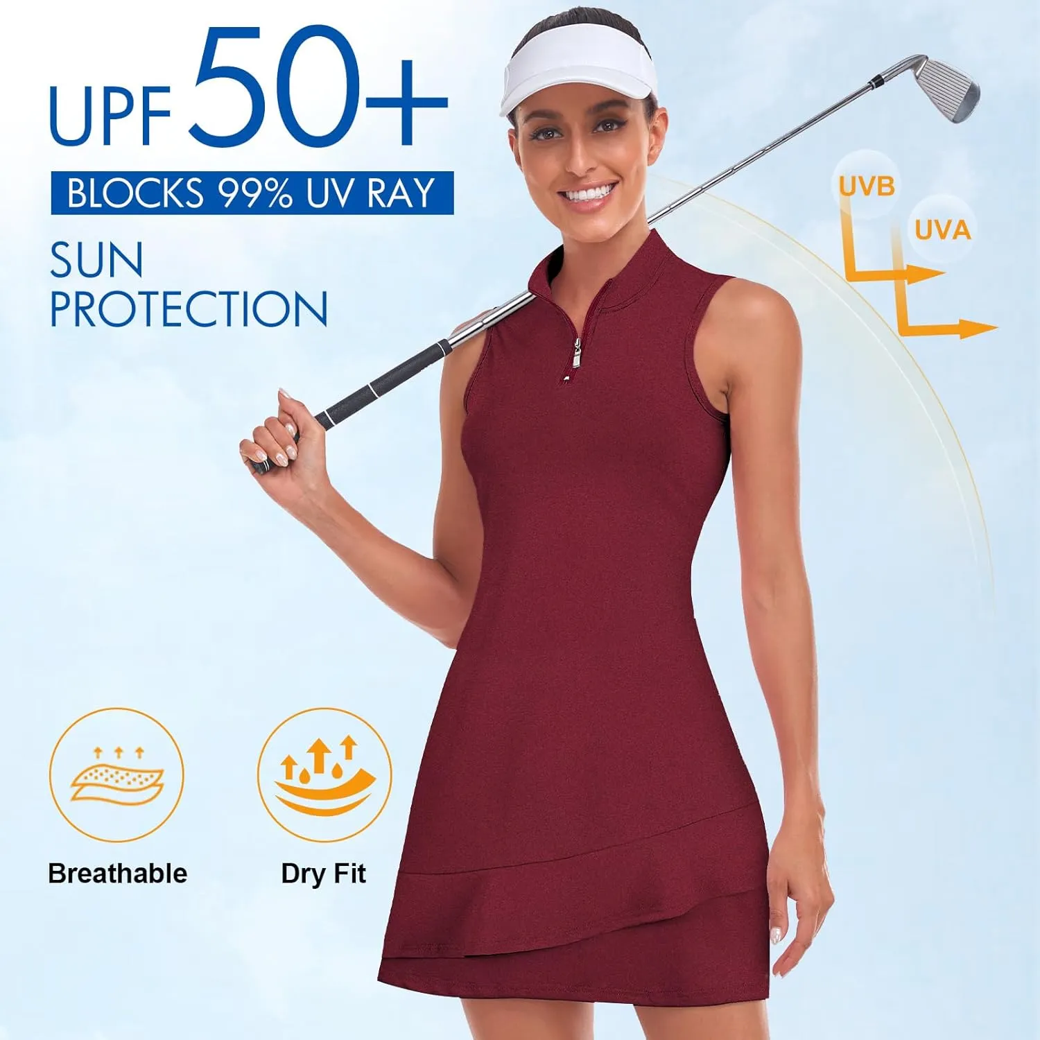 Viracy Tennis Dress for Women Sleeveless Golf Dresses with Shorts and Pockets Ruffle Zip Up Stand Collar Golf Outfits