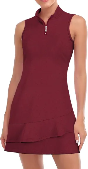Viracy Tennis Dress for Women Sleeveless Golf Dresses with Shorts and Pockets Ruffle Zip Up Stand Collar Golf Outfits
