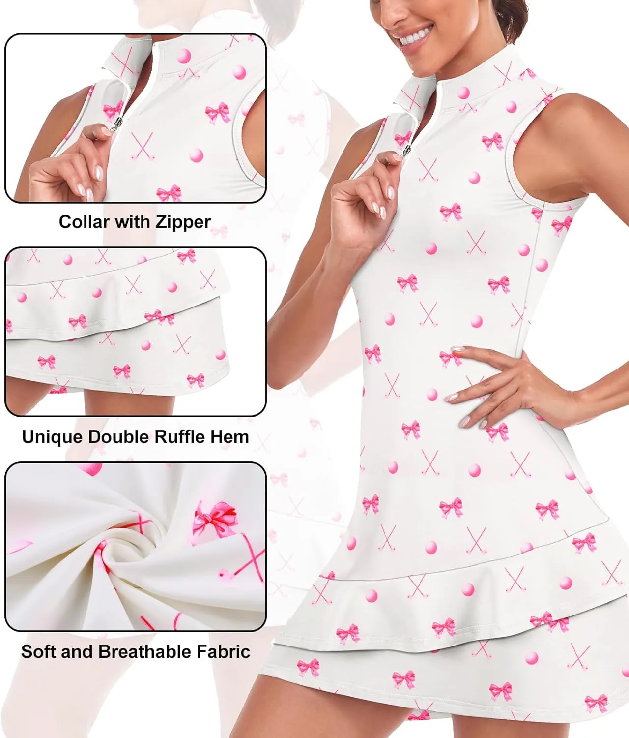Viracy Tennis Dress for Women Sleeveless Golf Dresses with Shorts and Pockets Ruffle Zip Up Stand Collar Golf Outfits