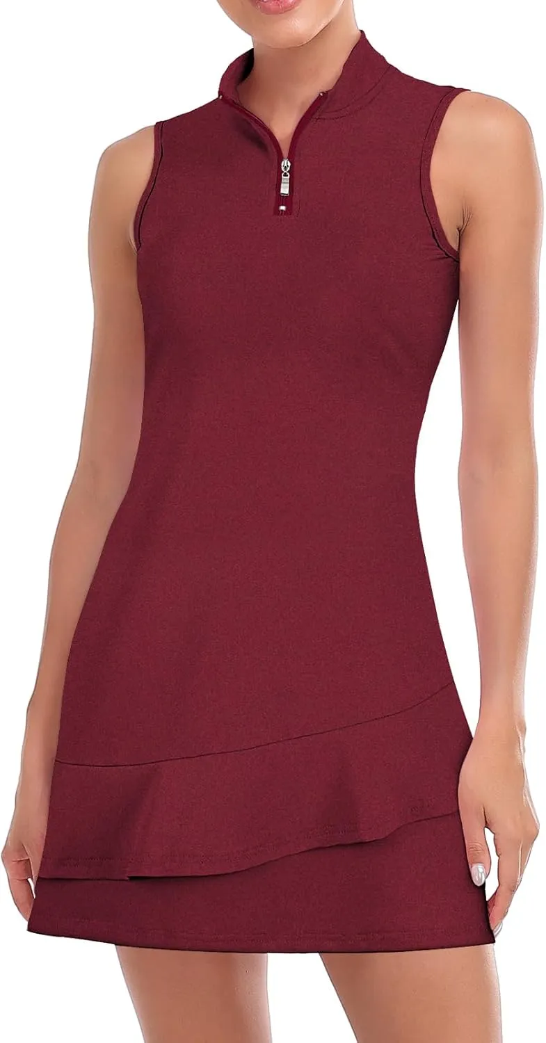 Viracy Tennis Dress for Women Sleeveless Golf Dresses with Shorts and Pockets Ruffle Zip Up Stand Collar Golf Outfits