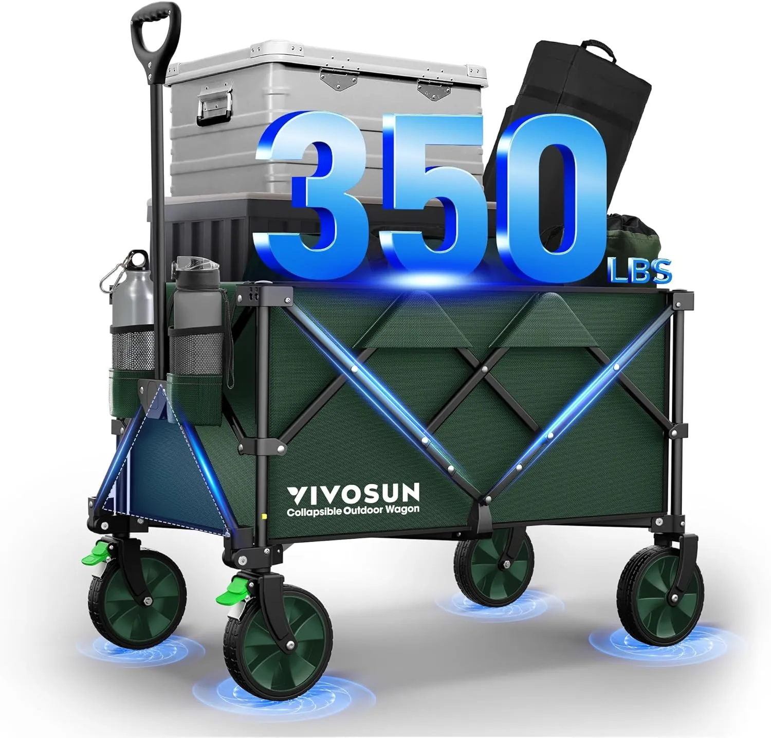 VIVOSUN Collapsible Folding Wagon, 350 lb Load-Bearing Outdoor Utility Cart with Silent Universal Wheels, Cup Holders &Side Pockets, Adjustable Handle, for Camping, Garden, Sports, Picnic, Shopping