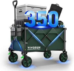 VIVOSUN Collapsible Folding Wagon, 350 lb Load-Bearing Outdoor Utility Cart with Silent Universal Wheels, Cup Holders &Side Pockets, Adjustable Handle, for Camping, Garden, Sports, Picnic, Shopping