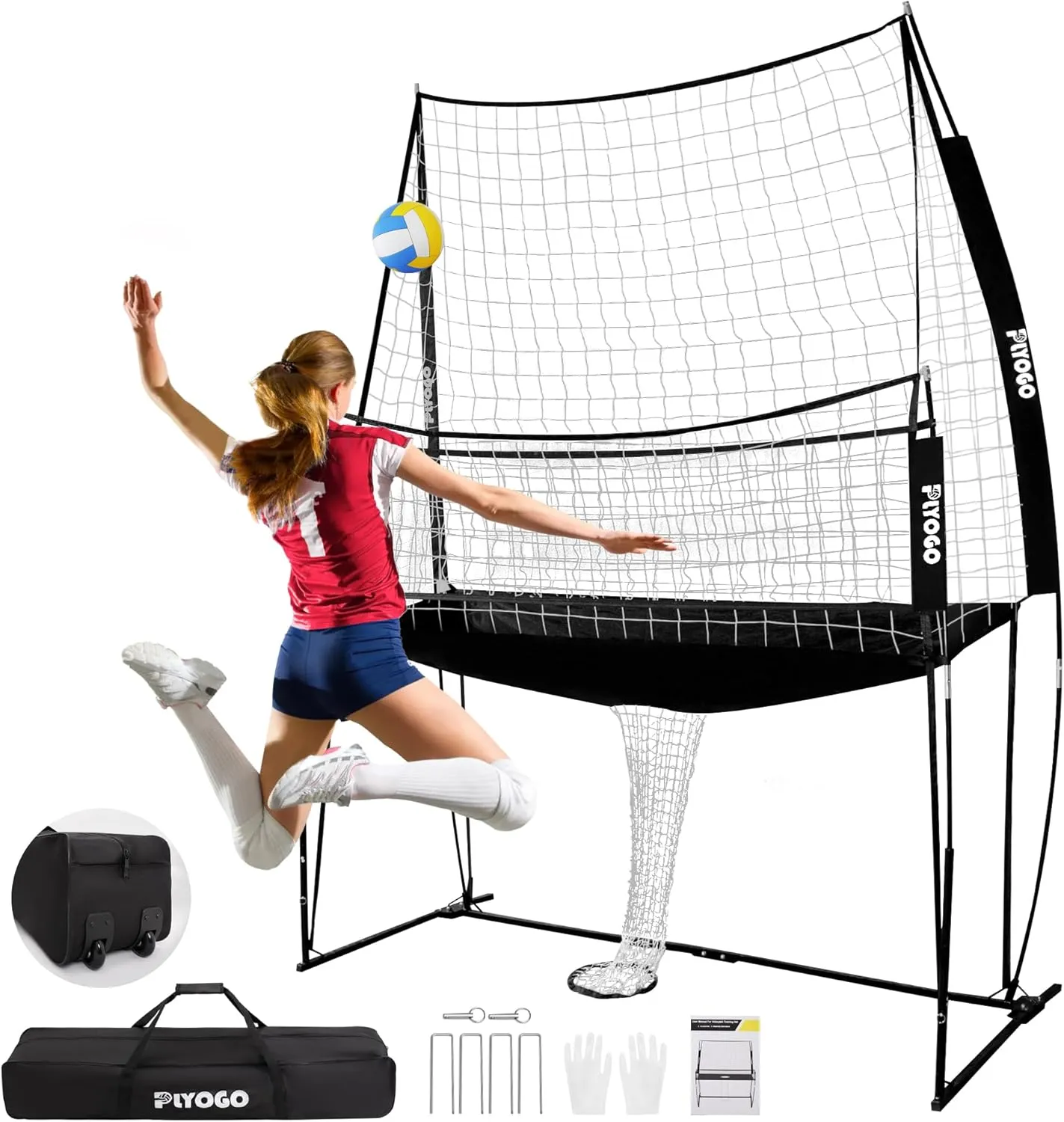 Volleyball Training Equipment, Adjustable Volleyball Practice Net Station | Great for Hitting and Serving Drills, Folding One-Piece Base | Easy Assembly & Portable Carry Bag with Wheel