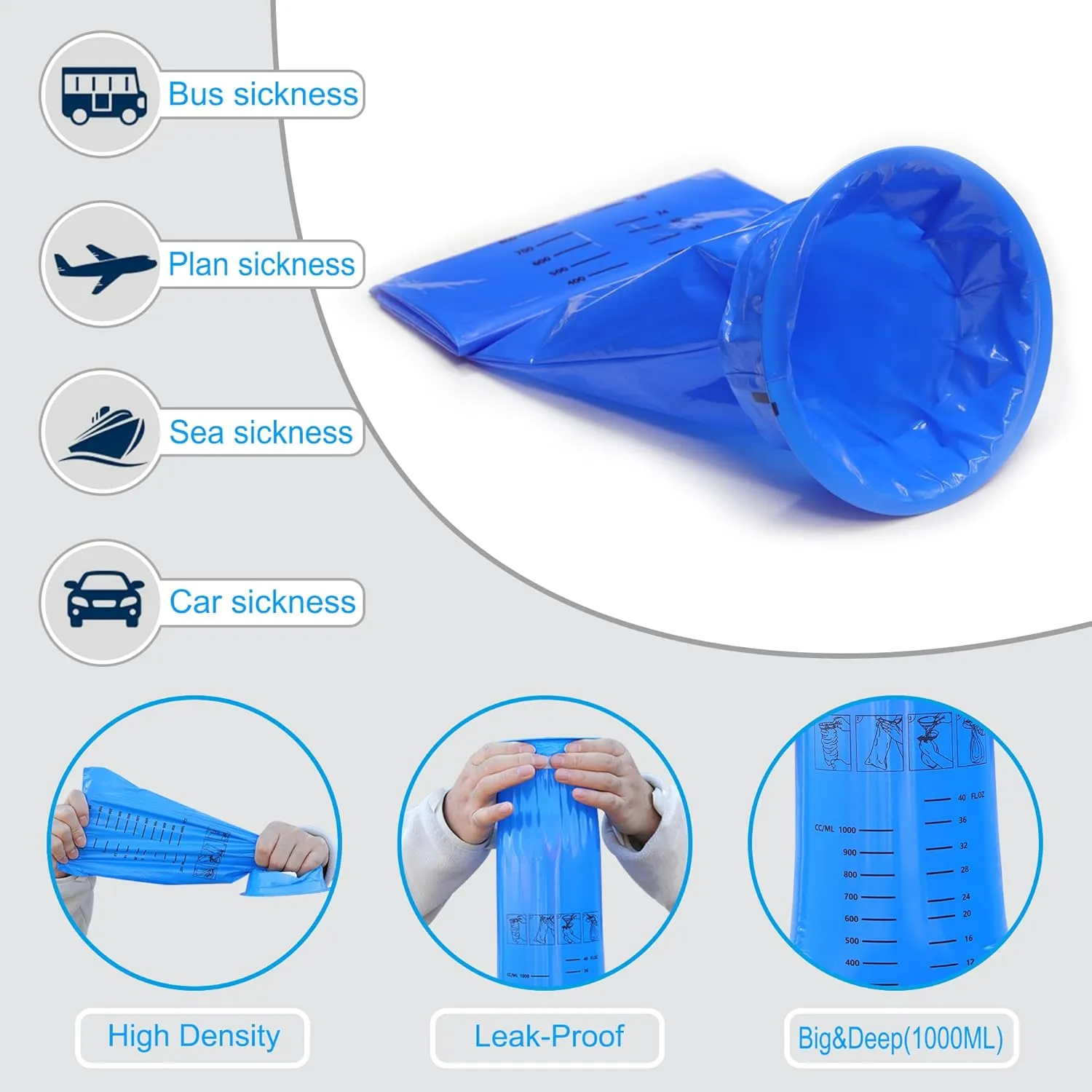 Vomit Bags Disposable, 60 Pack Emesis Bags for Car Kids & Adult, Barf Bags Disposable for Travel Motion Sickness- Leak Resistant, Medical Grade, Throw Up Bags
