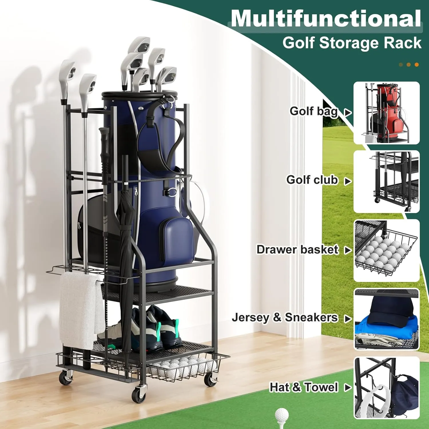 VOPEAK Golf Bag Organizer, Golf Bag Stand, Golf Organizer for Golf Clubs, Golf Balls, Golf Equipment Accessories, Easy Assembly Golf Storage Organizer for Garage, Club