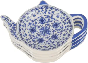 VOSAREA 4pcs Teapot Shaped Tea Bag Holder, Porcelain Tea Bag Coasters Seasoning Dish Spoon Rests Saucer Snack Plate for Chips Tea Plates Sauce Dessert Blue