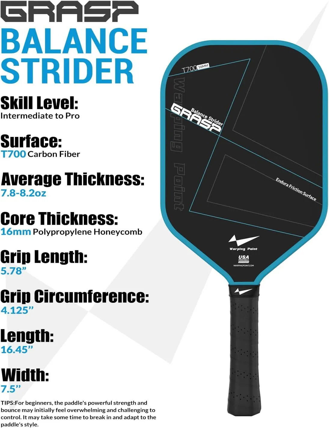 Warping Point Carbon Fiber Pickleball Paddle | Endura Friction Surface For Maximum Spin | Multi-Layer Carbon Fiber Edgeless Design | Long Handle for Two-Handed Backhands | Polypropylene Honeycomb Core