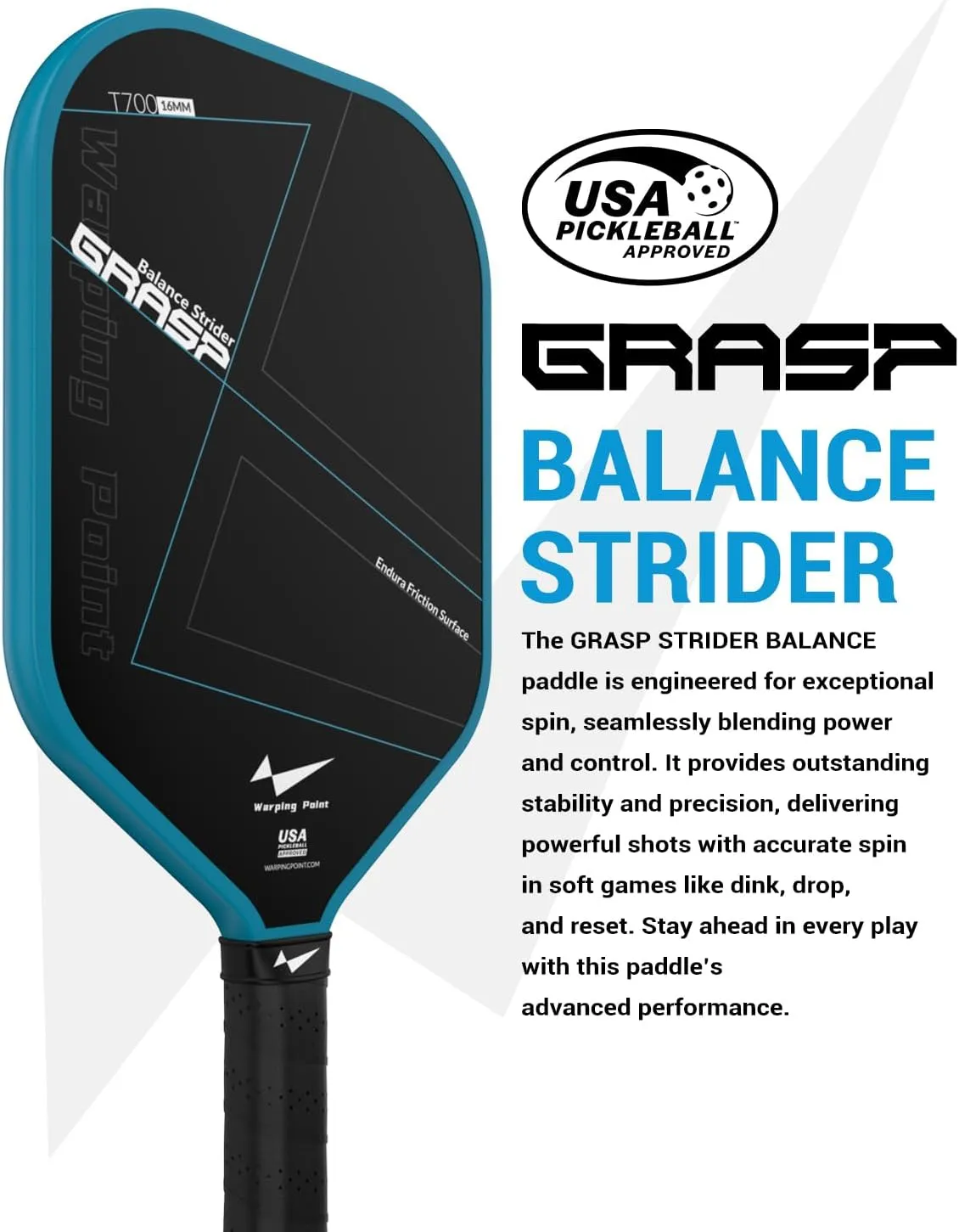 Warping Point Carbon Fiber Pickleball Paddle | Endura Friction Surface For Maximum Spin | Multi-Layer Carbon Fiber Edgeless Design | Long Handle for Two-Handed Backhands | Polypropylene Honeycomb Core
