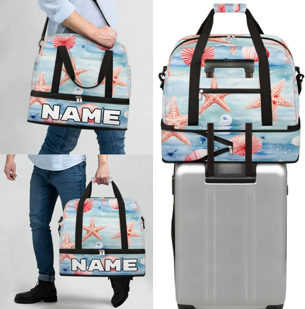Watercolor Starfish Custom Foldable Duffle Bag with Shoes Compartment Personalized Large Capacity Waterproof Travel Weekender Bag Overnight Bag for Sports Gym