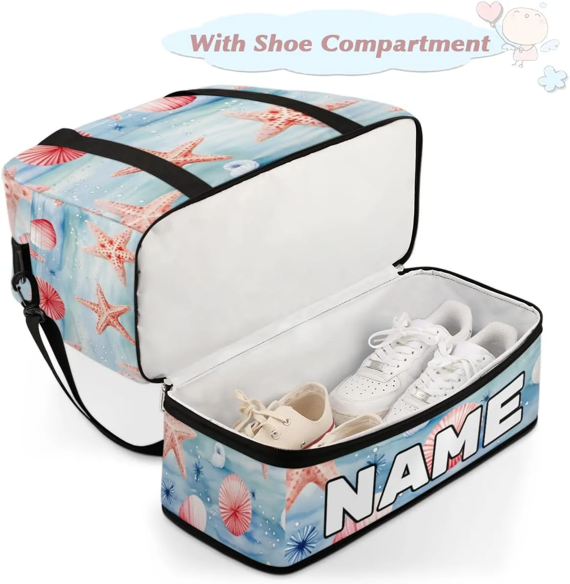 Watercolor Starfish Custom Foldable Duffle Bag with Shoes Compartment Personalized Large Capacity Waterproof Travel Weekender Bag Overnight Bag for Sports Gym