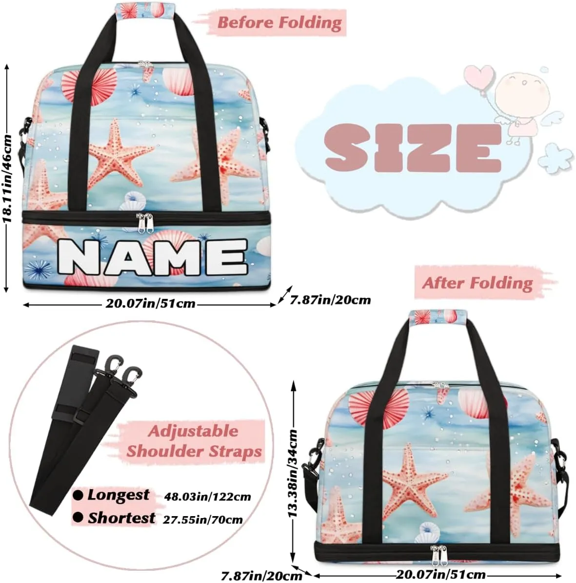 Watercolor Starfish Custom Foldable Duffle Bag with Shoes Compartment Personalized Large Capacity Waterproof Travel Weekender Bag Overnight Bag for Sports Gym