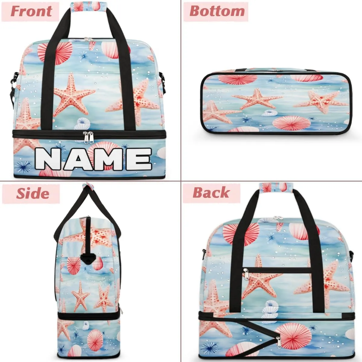 Watercolor Starfish Custom Foldable Duffle Bag with Shoes Compartment Personalized Large Capacity Waterproof Travel Weekender Bag Overnight Bag for Sports Gym