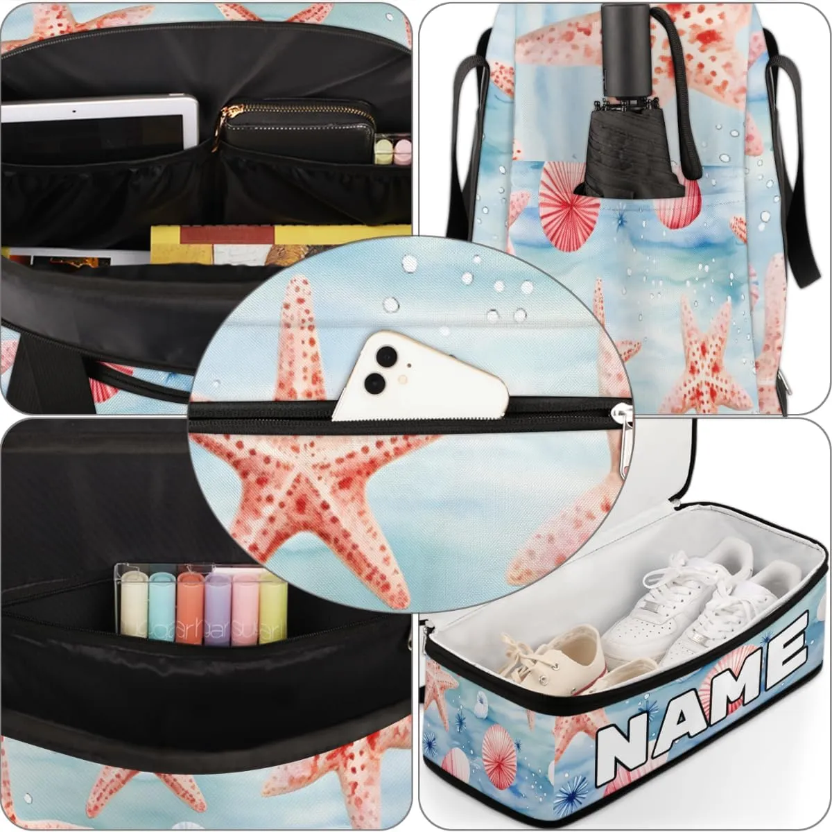 Watercolor Starfish Custom Foldable Duffle Bag with Shoes Compartment Personalized Large Capacity Waterproof Travel Weekender Bag Overnight Bag for Sports Gym