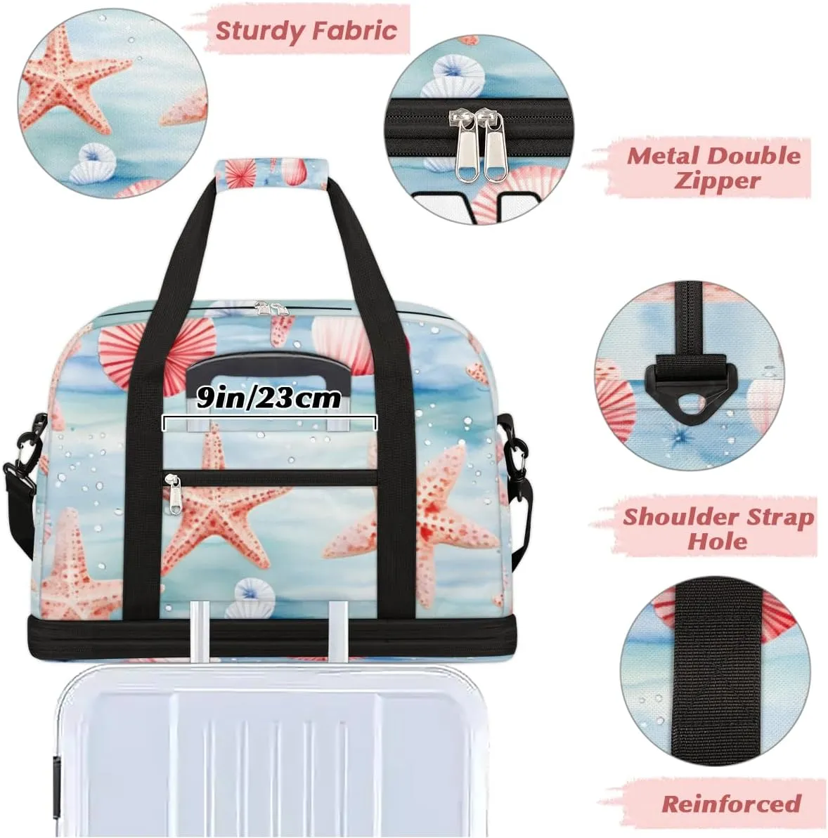 Watercolor Starfish Custom Foldable Duffle Bag with Shoes Compartment Personalized Large Capacity Waterproof Travel Weekender Bag Overnight Bag for Sports Gym