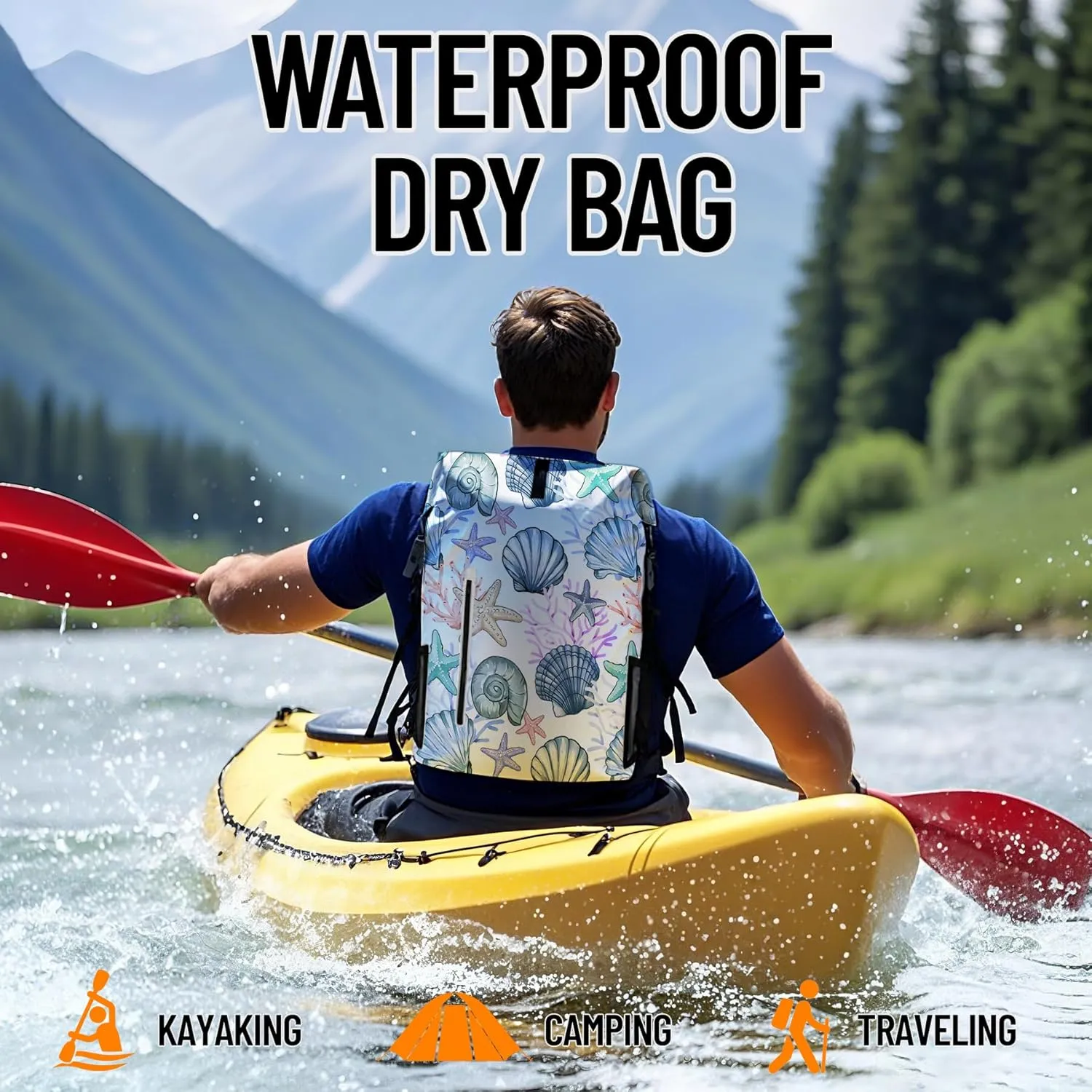 Waterproof Dry Bag Heavy Duty Marine Dry Bags for Kayaking Hiking Sea Shell Coral Nautical Starfish Backpack Roll-Top Closure Bag - Backpack Waterproof Phone Case 35L/55L/85L