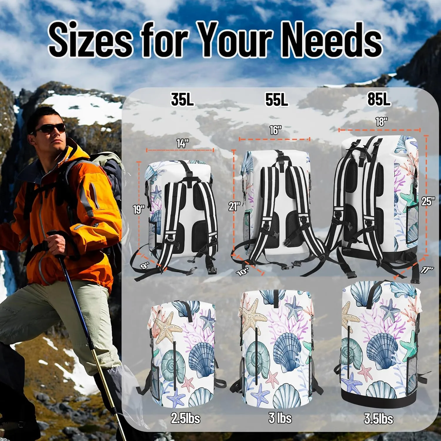 Waterproof Dry Bag Heavy Duty Marine Dry Bags for Kayaking Hiking Sea Shell Coral Nautical Starfish Backpack Roll-Top Closure Bag - Backpack Waterproof Phone Case 35L/55L/85L