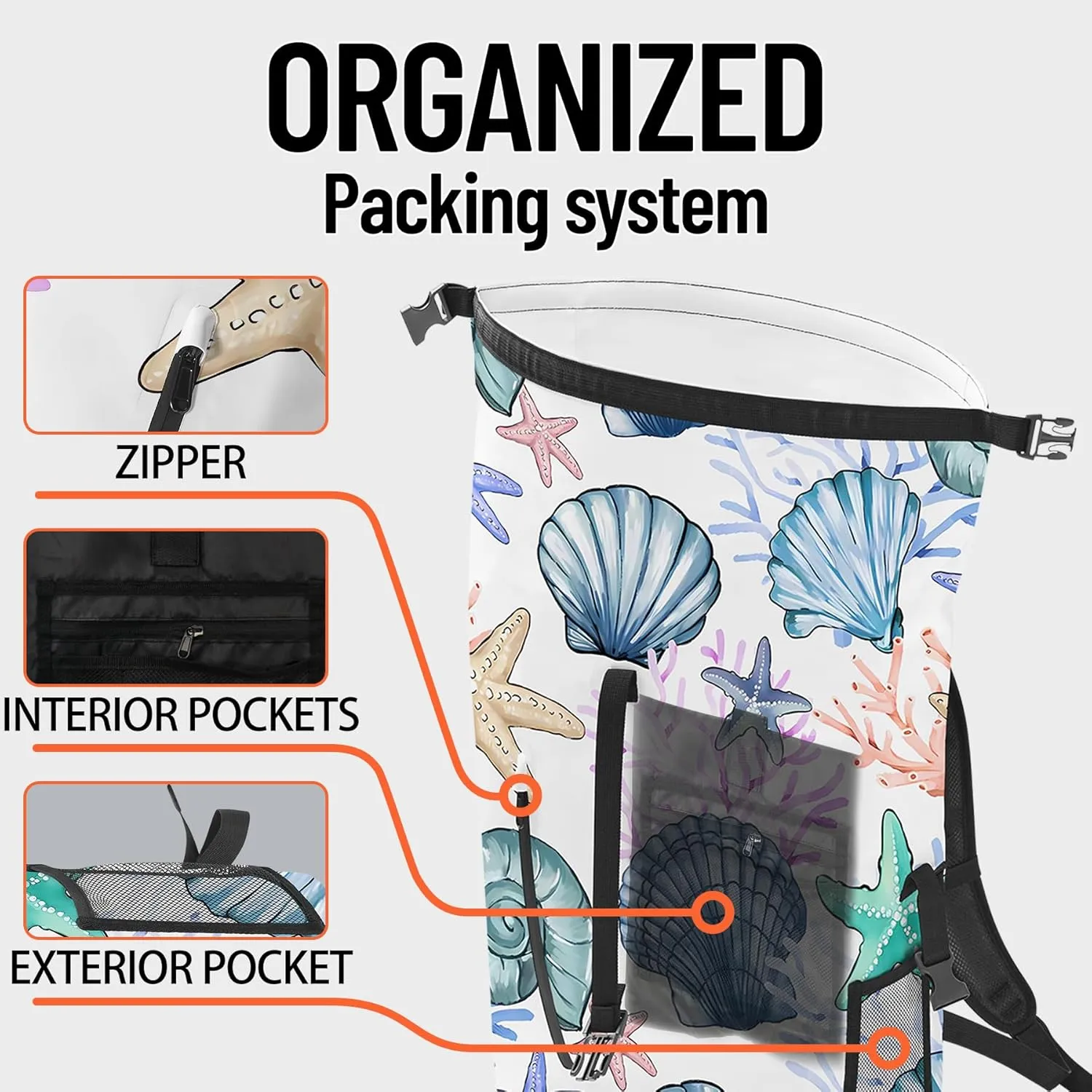 Waterproof Dry Bag Heavy Duty Marine Dry Bags for Kayaking Hiking Sea Shell Coral Nautical Starfish Backpack Roll-Top Closure Bag - Backpack Waterproof Phone Case 35L/55L/85L