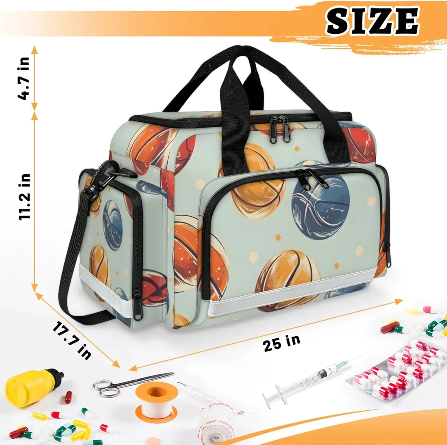 Waterproof Tactical Duffle Bag 25" Carry On Bag for EMT Tear-Resistant Gym Bag with Multi-Pocket & OSHA Reflective Travel Bags for Men Women Basketballs Print