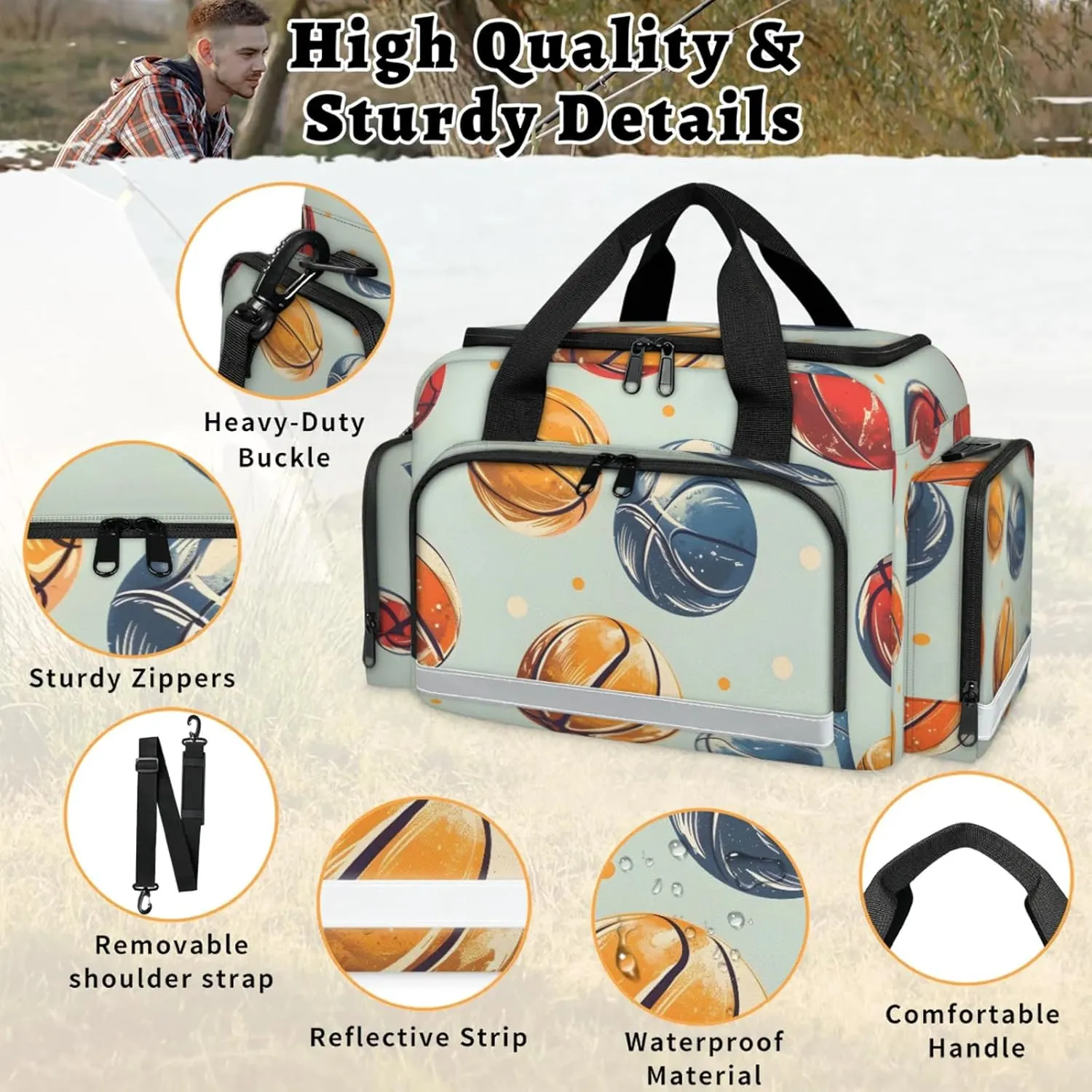 Waterproof Tactical Duffle Bag 25" Carry On Bag for EMT Tear-Resistant Gym Bag with Multi-Pocket & OSHA Reflective Travel Bags for Men Women Basketballs Print