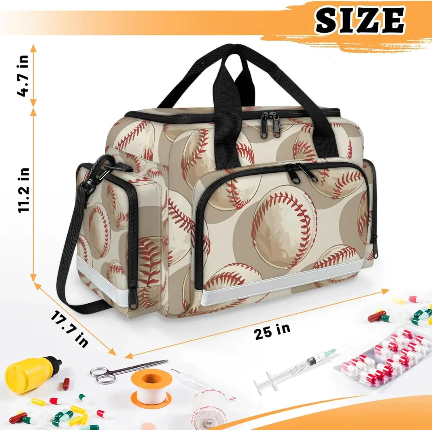 Waterproof Tactical Duffle Bag 25" Carry On Bag for EMT Tear-Resistant Gym Bag with Multi-Pocket & OSHA Reflective Travel Bags for Men Women Cartoon Baseballs