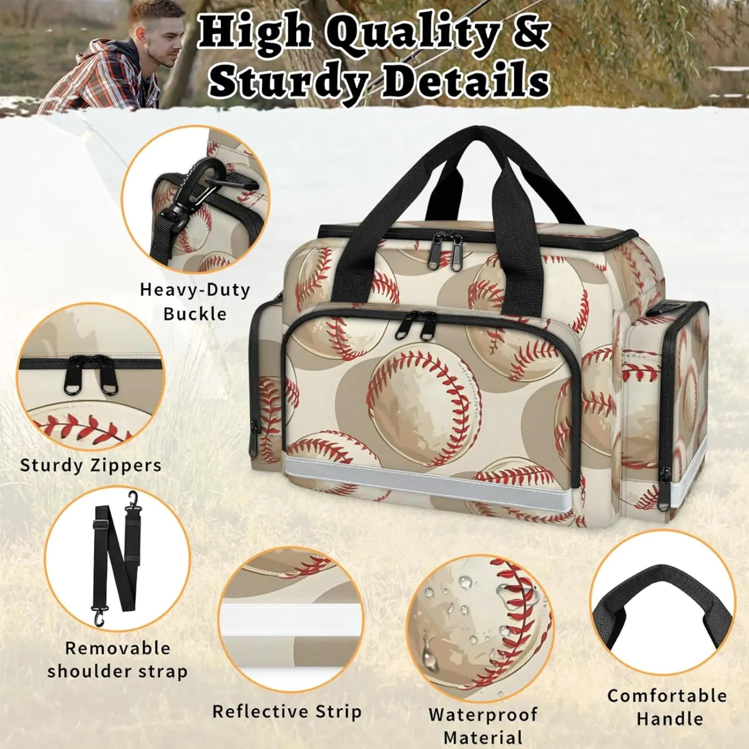 Waterproof Tactical Duffle Bag 25" Carry On Bag for EMT Tear-Resistant Gym Bag with Multi-Pocket & OSHA Reflective Travel Bags for Men Women Cartoon Baseballs