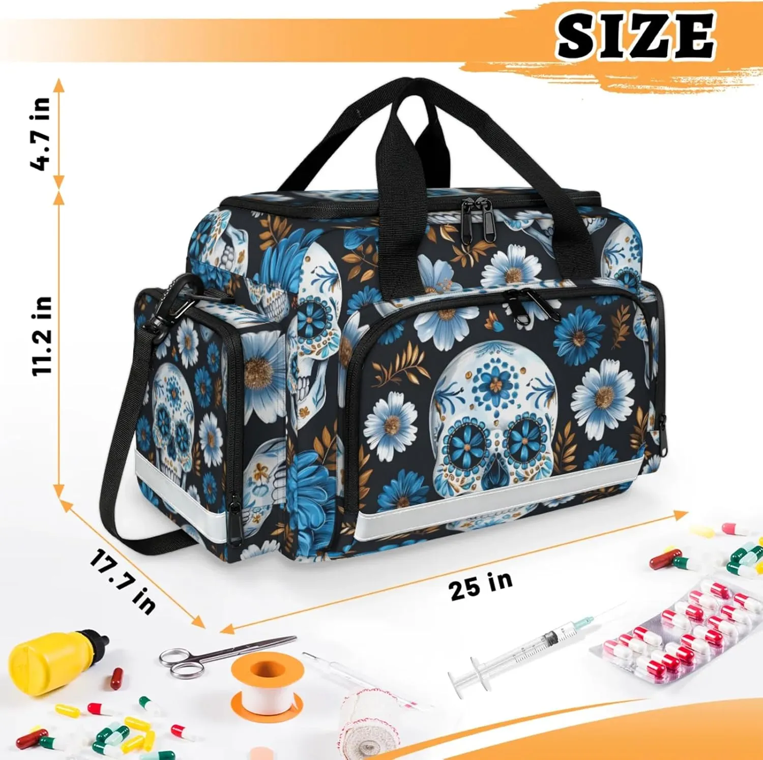 Waterproof Tactical Duffle Bag 25" Carry On Bag for EMT Tear-Resistant Gym Bag with Multi-Pocket & OSHA Reflective Travel Bags for Men Women Daisy Flower Skull