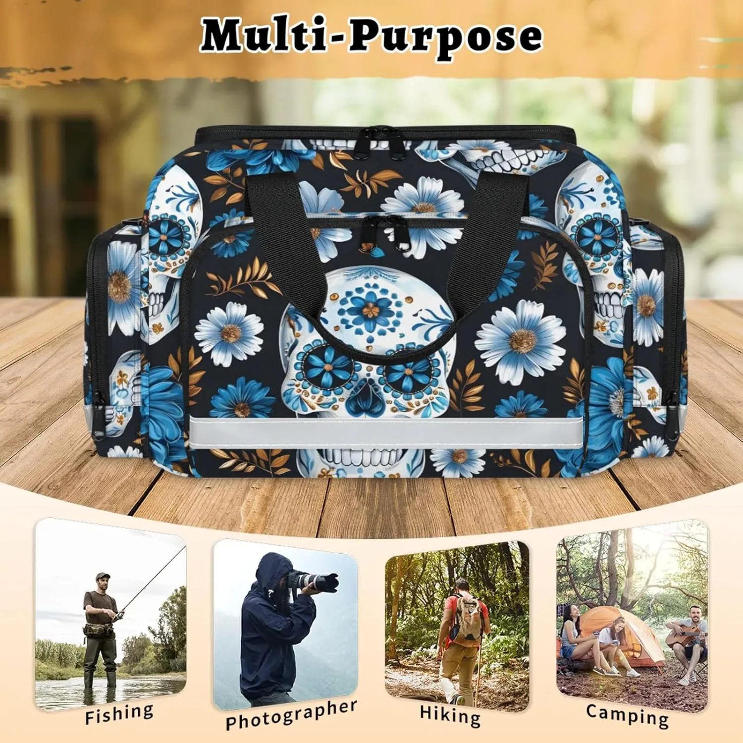 Waterproof Tactical Duffle Bag 25" Carry On Bag for EMT Tear-Resistant Gym Bag with Multi-Pocket & OSHA Reflective Travel Bags for Men Women Daisy Flower Skull