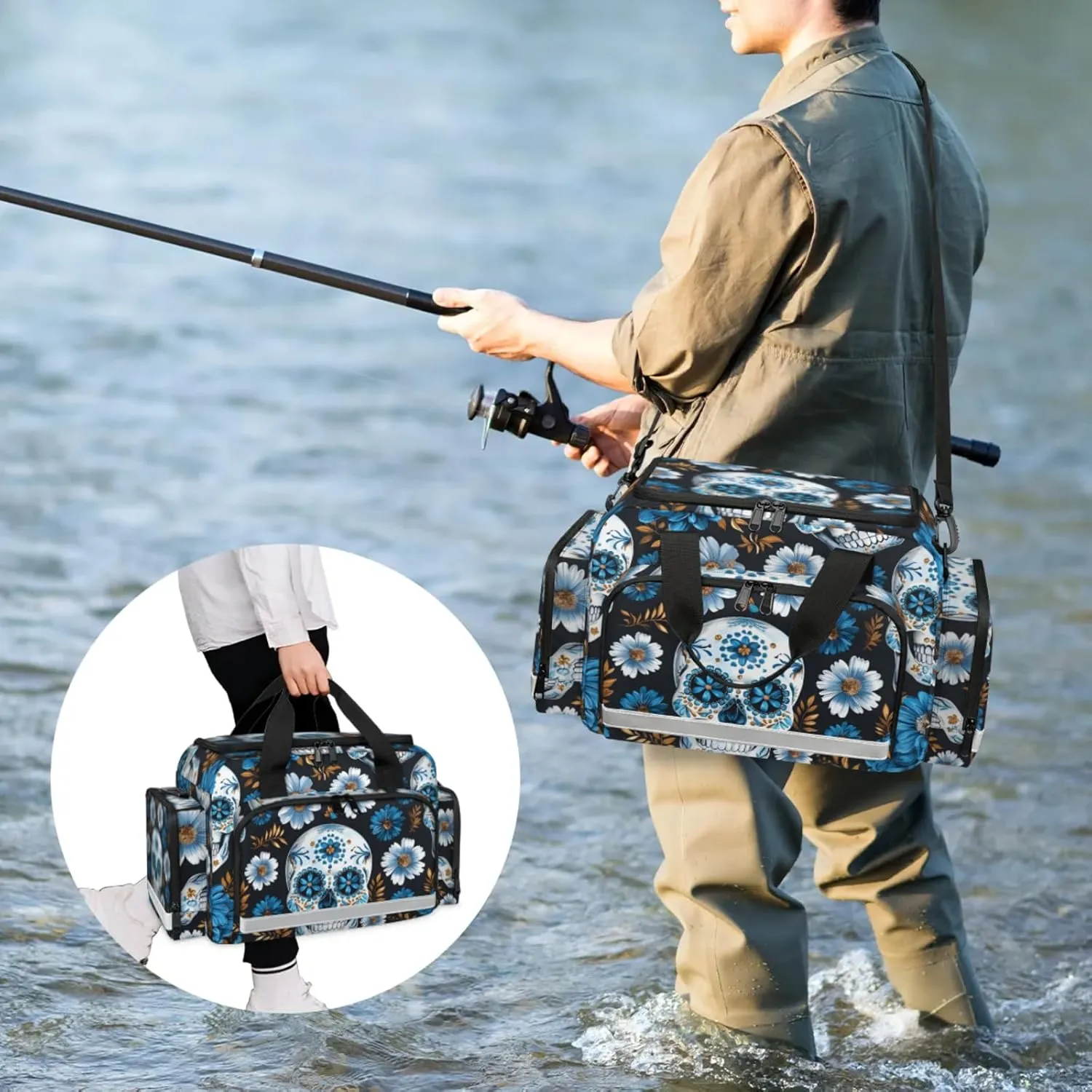 Waterproof Tactical Duffle Bag 25" Carry On Bag for EMT Tear-Resistant Gym Bag with Multi-Pocket & OSHA Reflective Travel Bags for Men Women Daisy Flower Skull