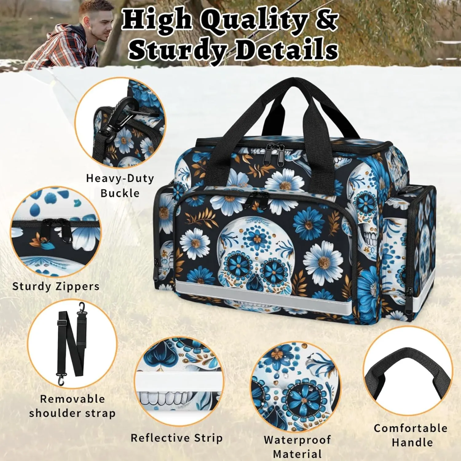 Waterproof Tactical Duffle Bag 25" Carry On Bag for EMT Tear-Resistant Gym Bag with Multi-Pocket & OSHA Reflective Travel Bags for Men Women Daisy Flower Skull