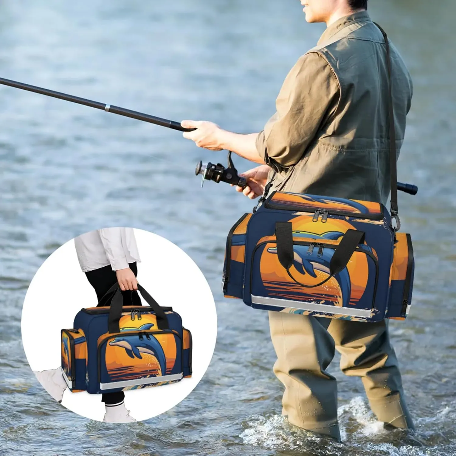 Waterproof Tactical Duffle Bag 25" Carry On Bag for EMT Tear-Resistant Gym Bag with Multi-Pocket & OSHA Reflective Travel Bags for Men Women Dolphins Ocean Sun