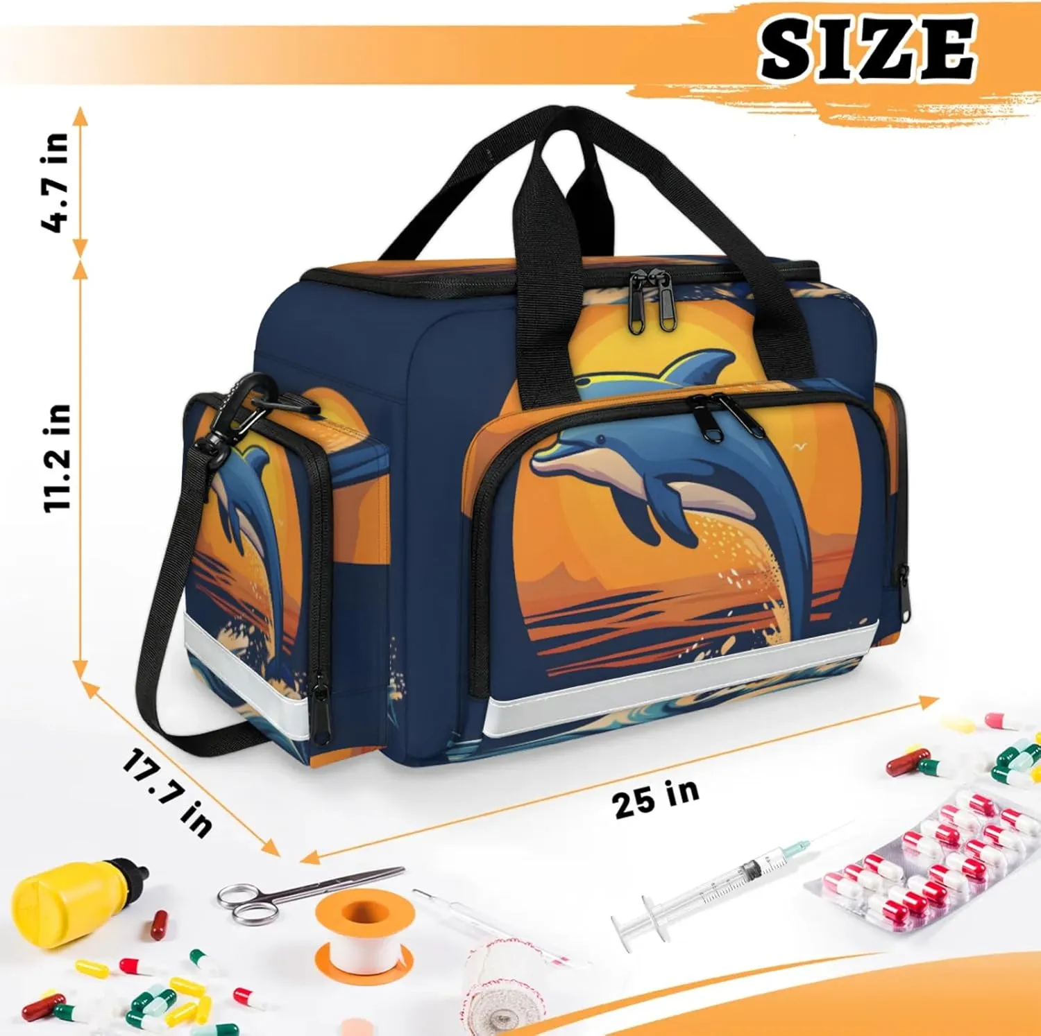 Waterproof Tactical Duffle Bag 25" Carry On Bag for EMT Tear-Resistant Gym Bag with Multi-Pocket & OSHA Reflective Travel Bags for Men Women Dolphins Ocean Sun
