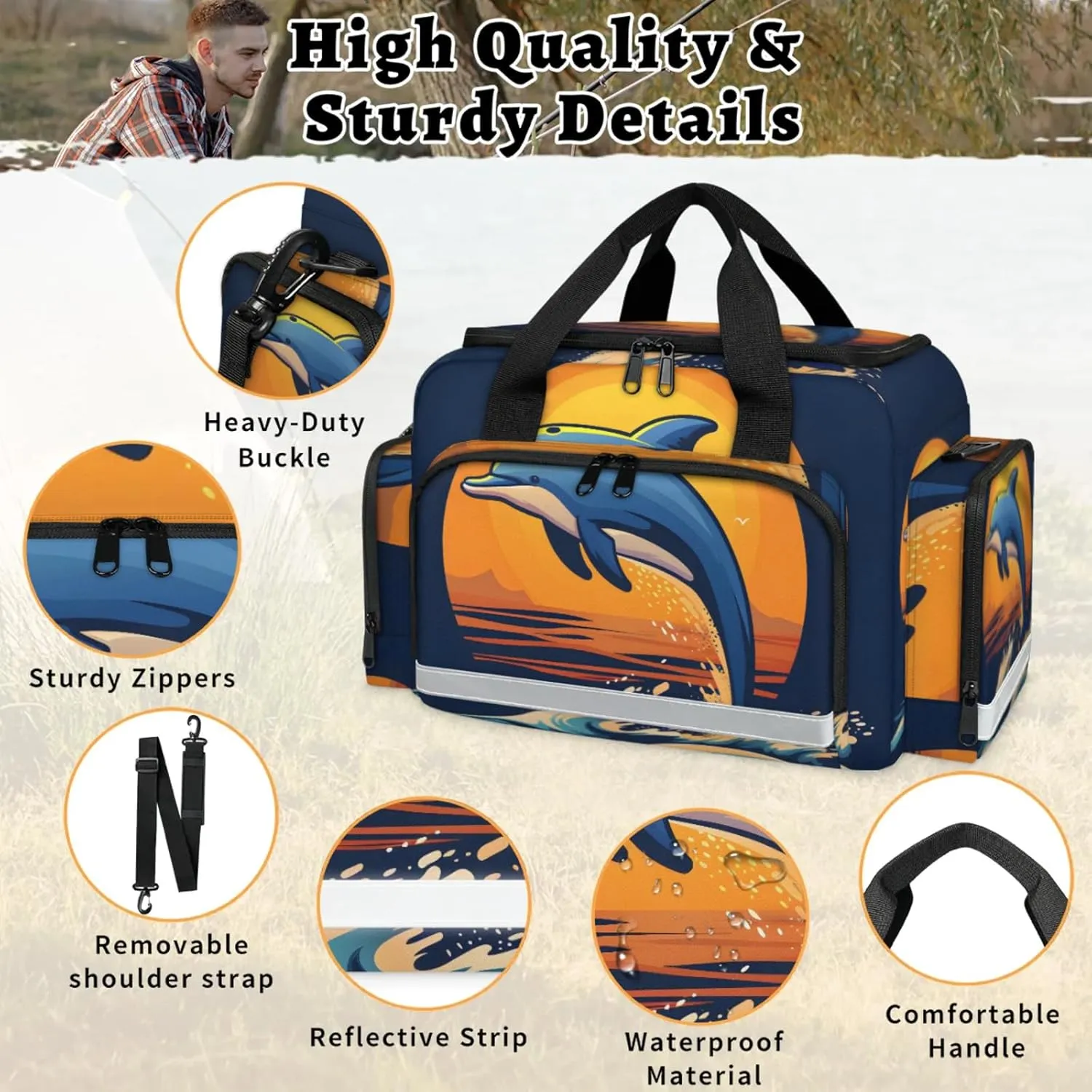 Waterproof Tactical Duffle Bag 25" Carry On Bag for EMT Tear-Resistant Gym Bag with Multi-Pocket & OSHA Reflective Travel Bags for Men Women Dolphins Ocean Sun