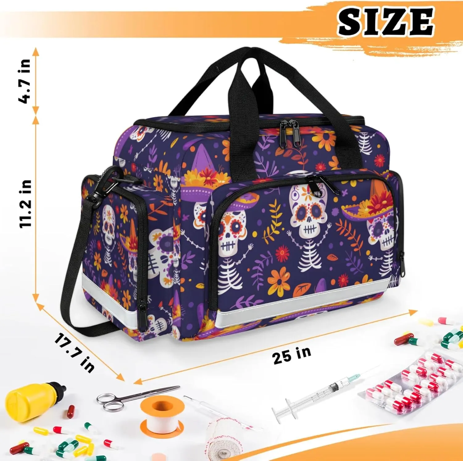 Waterproof Tactical Duffle Bag 25" Carry On Bag for EMT Tear-Resistant Gym Bag with Multi-Pocket & OSHA Reflective Travel Bags for Men Women Floral Skeleton