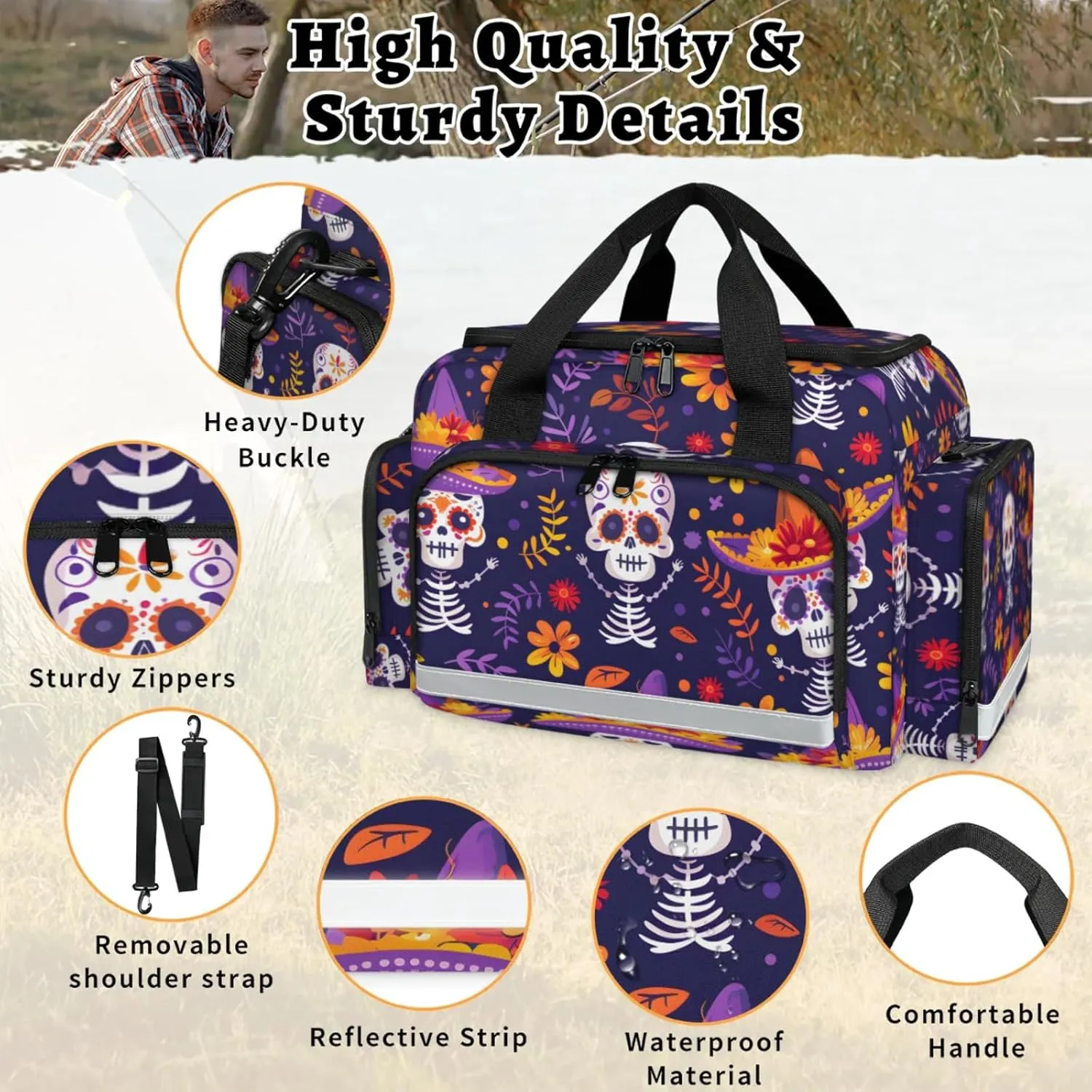 Waterproof Tactical Duffle Bag 25" Carry On Bag for EMT Tear-Resistant Gym Bag with Multi-Pocket & OSHA Reflective Travel Bags for Men Women Floral Skeleton