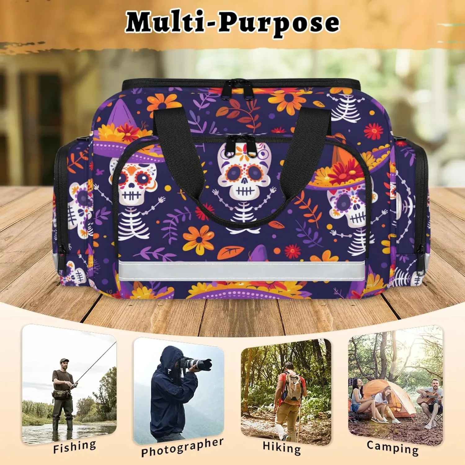 Waterproof Tactical Duffle Bag 25" Carry On Bag for EMT Tear-Resistant Gym Bag with Multi-Pocket & OSHA Reflective Travel Bags for Men Women Floral Skeleton